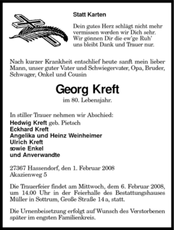 Traueranzeige von Georg Kreft von KREISZEITUNG SYKE