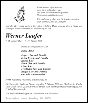 Traueranzeige von Werner Laufer von KREISZEITUNG SYKE