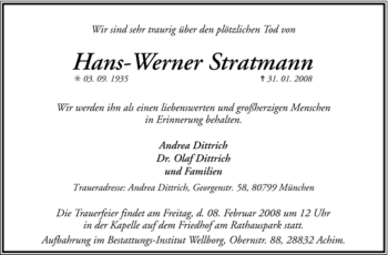 Traueranzeige von Hans-Werner Stratmann von KREISZEITUNG SYKE