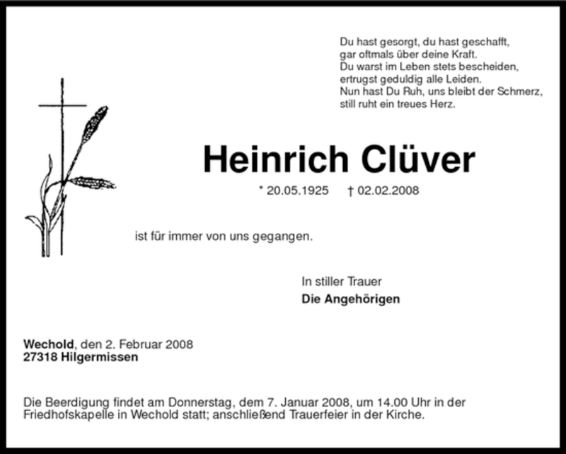  Traueranzeige für Heinrich Clüver vom 05.02.2008 aus KREISZEITUNG SYKE