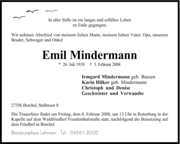 Traueranzeige von Emil Mindermann von KREISZEITUNG SYKE