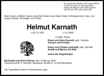 Traueranzeige von Helmut Karnath von KREISZEITUNG SYKE