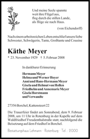 Traueranzeige von Käthe Meyer von KREISZEITUNG SYKE