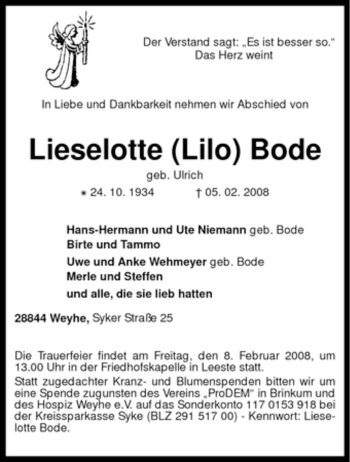 Traueranzeige von Lieselotte Bode von KREISZEITUNG SYKE