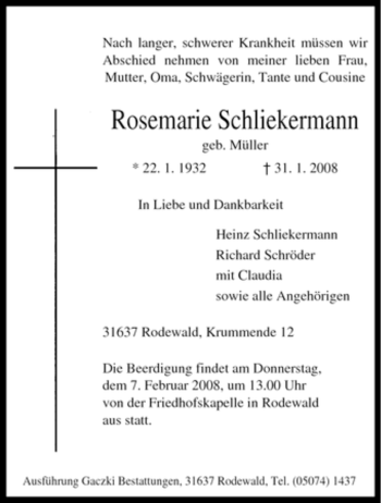 Traueranzeige von Rosemarie Schliekermann von KREISZEITUNG SYKE