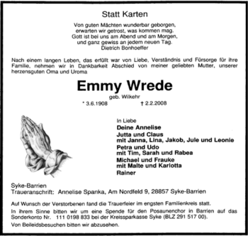 Traueranzeige von Emmy Wrede von KREISZEITUNG SYKE