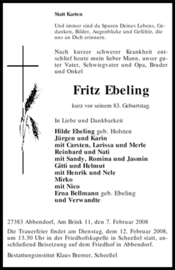 Traueranzeige von Fritz Ebeling von KREISZEITUNG SYKE