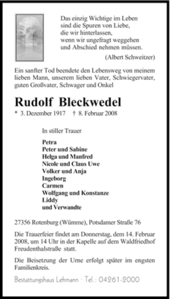 Traueranzeige von Rudolf Bleckwedel von KREISZEITUNG SYKE