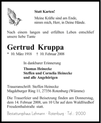 Traueranzeige von Gertrud Kruppa von KREISZEITUNG SYKE