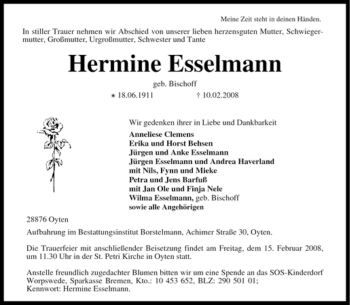 Traueranzeige von Hermine Esselmann von KREISZEITUNG SYKE