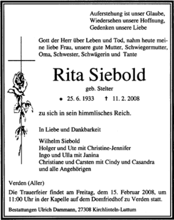 Traueranzeige von Rita Siebold von KREISZEITUNG SYKE