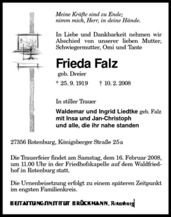 Traueranzeige von Frieda Falz von KREISZEITUNG SYKE