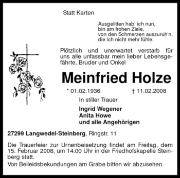 Traueranzeige von Meinfried Holze von KREISZEITUNG SYKE