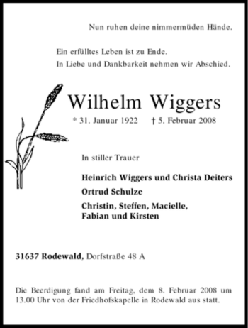 Traueranzeige von Wilhelm Wiggers von KREISZEITUNG SYKE