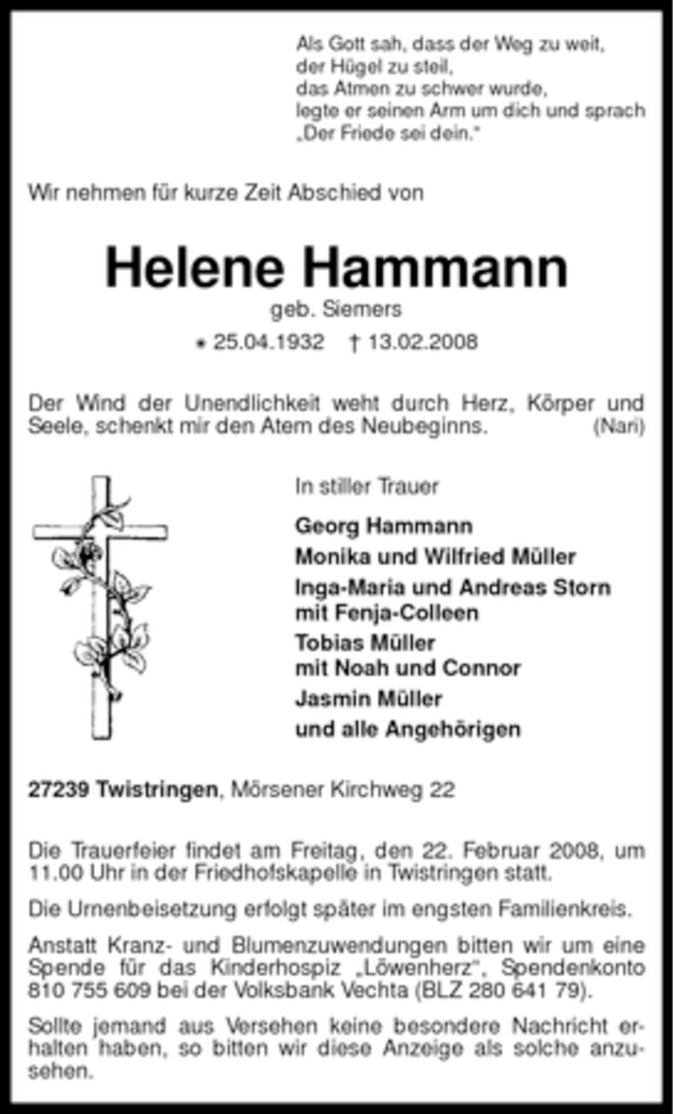  Traueranzeige für Helene Hammann vom 15.02.2008 aus KREISZEITUNG SYKE