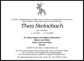 Traueranzeige von Thea Steinebach von KREISZEITUNG SYKE