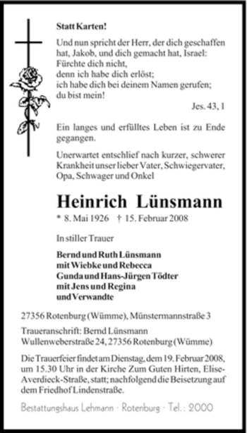 Traueranzeige von Heinrich Lünsmann von KREISZEITUNG SYKE