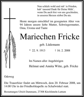 Traueranzeige von Mariechen Fricke von KREISZEITUNG SYKE