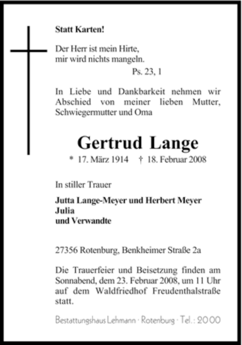 Traueranzeige von Gertrud Lange von KREISZEITUNG SYKE