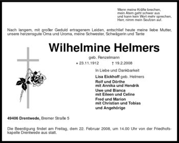 Traueranzeige von Wilhelmine Helmers von KREISZEITUNG SYKE