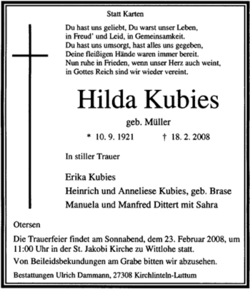 Traueranzeige von Hilde Kubies von KREISZEITUNG SYKE