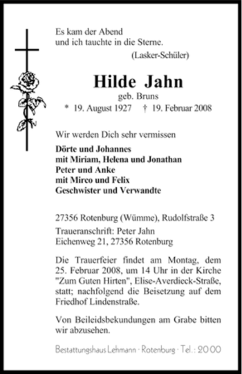 Traueranzeige von Hilde Jahn von KREISZEITUNG SYKE