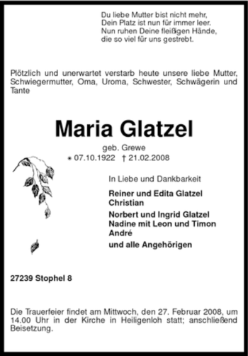 Traueranzeige von Maria Glatzel von KREISZEITUNG SYKE