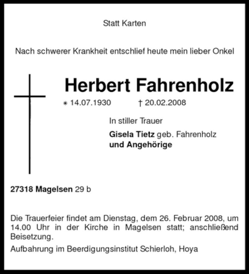  Traueranzeige für Herbert Fahrenholz vom 23.02.2008 aus KREISZEITUNG SYKE
