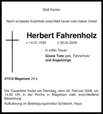 Traueranzeige von Herbert Fahrenholz von KREISZEITUNG SYKE