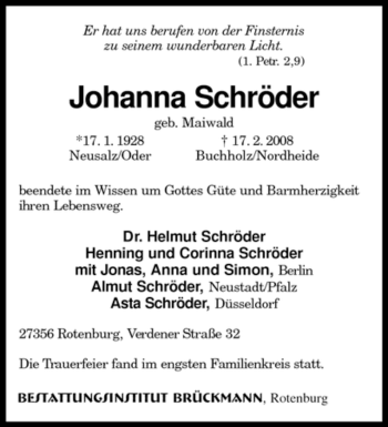 Traueranzeige von Johanna Schröder von KREISZEITUNG SYKE