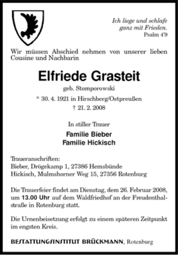 Traueranzeige von Elfriede Grasteit von KREISZEITUNG SYKE