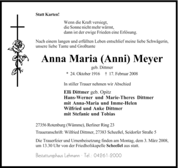 Traueranzeige von Anna Maria Meyer von KREISZEITUNG SYKE