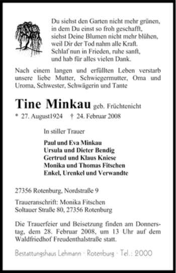 Traueranzeige von Tine Minkau von KREISZEITUNG SYKE