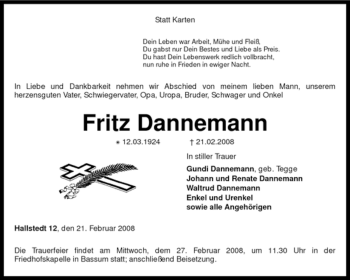 Traueranzeige von Fritz Dannemann von KREISZEITUNG SYKE