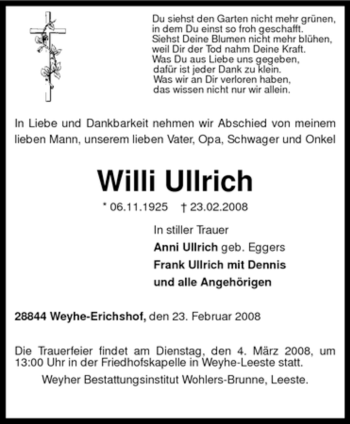 Traueranzeige von Willi Ullrich von KREISZEITUNG SYKE