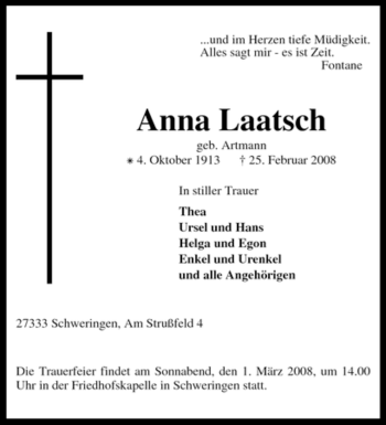 Traueranzeige von Anna Laatsch von KREISZEITUNG SYKE