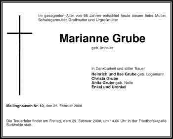 Traueranzeige von Marianne Grube von KREISZEITUNG SYKE