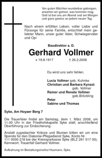 Traueranzeige von Gerhard Vollmer von KREISZEITUNG SYKE