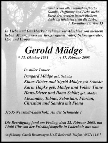 Traueranzeige von Gerold Mädge von KREISZEITUNG SYKE