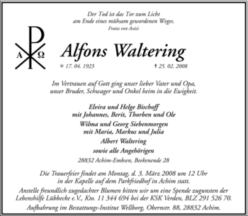 Traueranzeige von Alfons Waltering von KREISZEITUNG SYKE