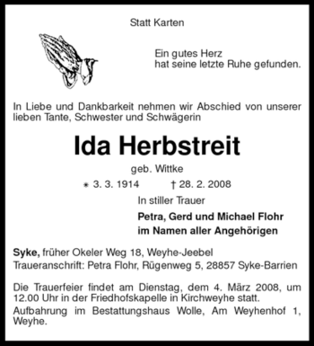 Traueranzeige von Ida Herbstreit von KREISZEITUNG SYKE