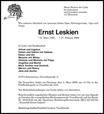 Traueranzeige von Ernst Leskien von KREISZEITUNG SYKE