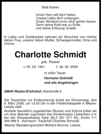 Traueranzeige von Charlotte Schmidt von KREISZEITUNG SYKE