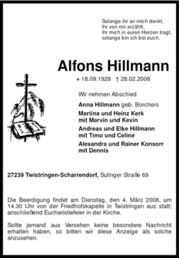 Traueranzeige von Alfons Hillmann von KREISZEITUNG SYKE