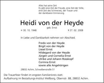 Traueranzeige von Heidi von der Heyde von KREISZEITUNG SYKE