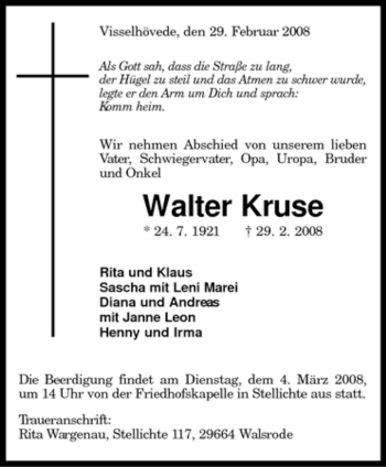 Traueranzeige von Walter Kruse von KREISZEITUNG SYKE