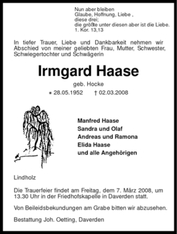 Traueranzeige von Irmgard Haase von KREISZEITUNG SYKE