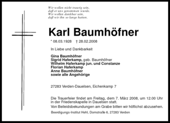 Traueranzeige von Karl Baumhöfner von KREISZEITUNG SYKE