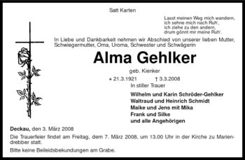 Traueranzeige von Alma Gehlker von KREISZEITUNG SYKE