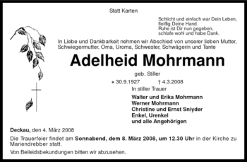 Traueranzeige von Adelheid Mohrmann von KREISZEITUNG SYKE